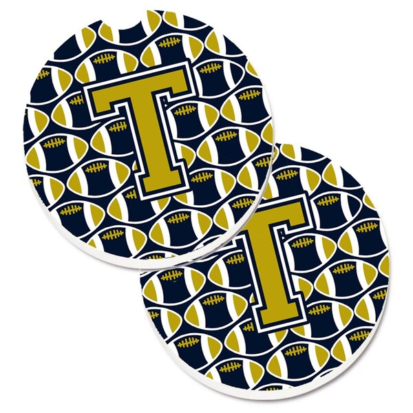Carolines Treasures Letter T Football Blue and Gold Set of 2 Cup Holder Car Coaster CJ1074-TCARC - main